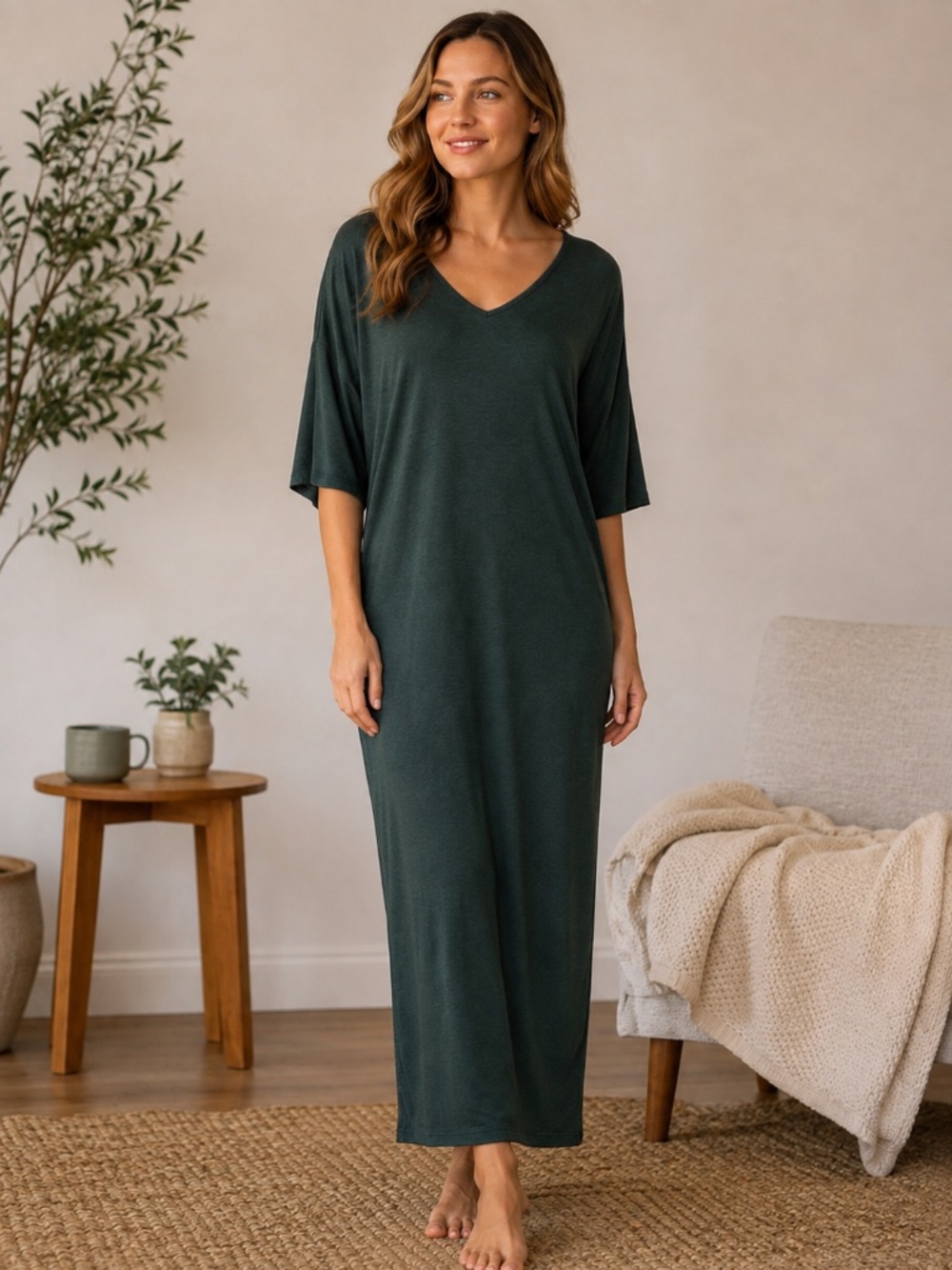 Relaxed Luxe V-Neck Caftan Dress